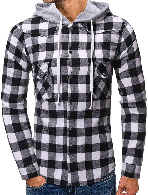 Men Hooded Plaid Shirts Button Splice Sweatshirt Long Sleeve Lattice