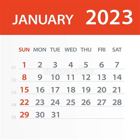 January 2023 Calendar Leaf Vector Illustration Stock Vector
