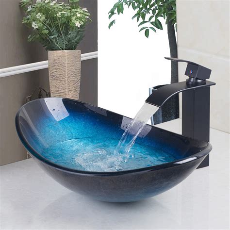 Us Oval Tempered Glass Bathroom Vessel Sink Washroom Blue Vanity Hotel