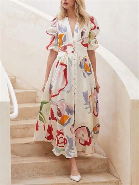 Polychrome V Neck Floral Print Puff Sleeve Maxi Dress Choies