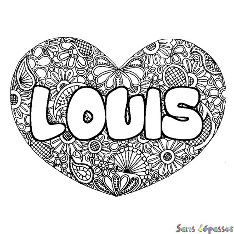 Coloriage prénom LOUIS  décor Mandala coeur  Sans Dépasser