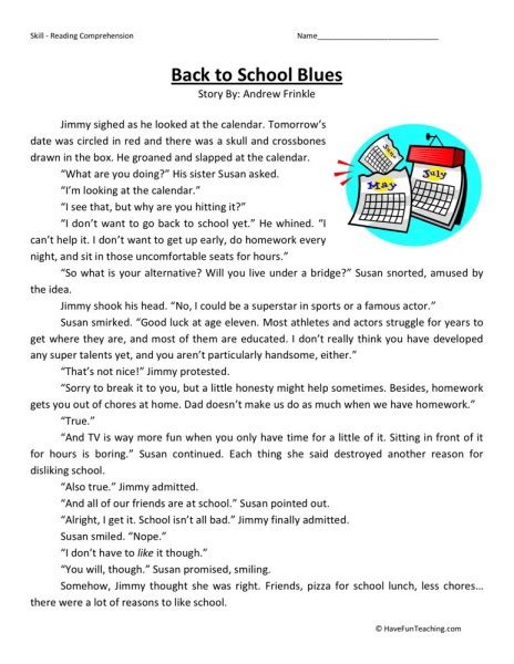 Text for students who are reading at a third grade reading level. Reading Comprehension Worksheet - Back to School Blues