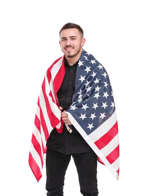 Man With American Flag Isolated On White Background Stock Photo Image