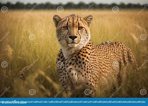 Cheetah Acinonyx Jubatus Stands In Long Grass Ai Generative Stock