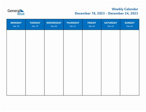 Weekly Calendar With Monday Start For Week 51 December 18 2023 To