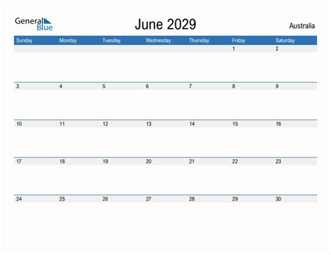 Editable June 2029 Calendar with Australia Holidays