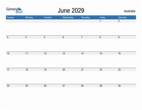 Editable June 2029 Calendar With Australia Holidays