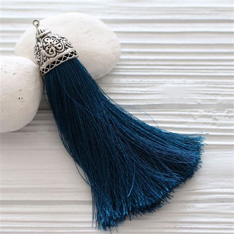 Extra Large Denim Blue Silk Tassel With Rustic Silver Cap Etsy