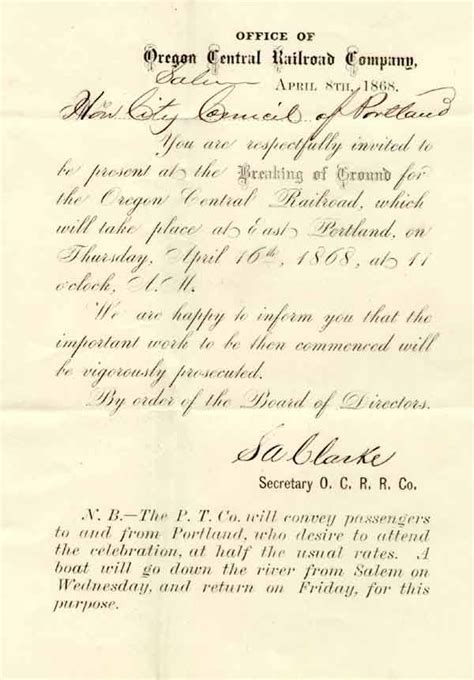 1868 Invitation to railroad groundbreaking | Portland Timeline Images