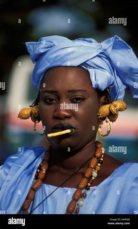 Wolof Woman Wearing A Traditional Blue Dress Banjul The Gambia Stock