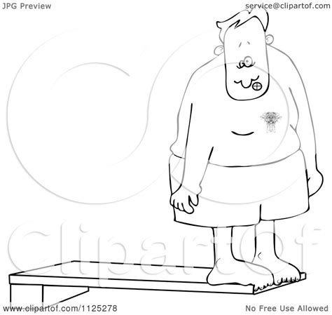Cartoon Of An Outlined Nervous Man On A High Dive Board