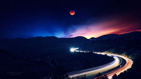 Night Sky Moon Road Time Lapse Landscape Scenery 4k 160 Wallpaper