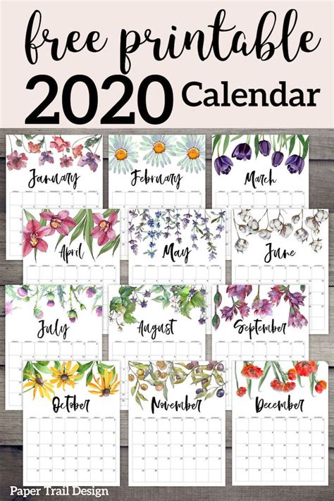 2020 Free Printable Calendar Floral Paper Trail Design