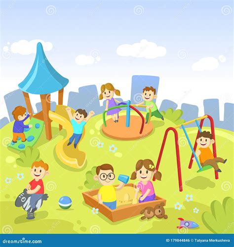 Cute Happy Cartoon Kids Playing In Playground Vector Illustration
