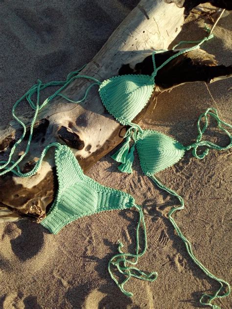 high hip crochet bikini set brazilian mint tassel bikini etsy