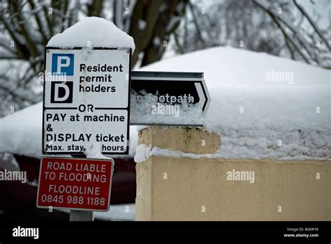 Snow On Road Signs In Twickenham Middlesex England Following Heavy