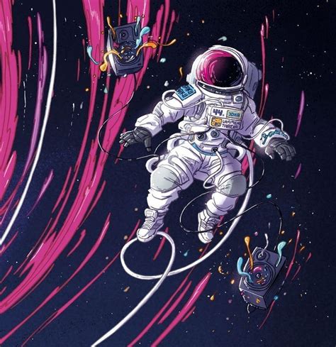 an astronaut floating in the air with pink streaks around him and two other objects nearby