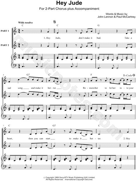 Download or print the pdf sheet music for piano of this rock and pop song by the beatles for free. The Beatles "Hey Jude" 2-Part Choir + Piano Choral Sheet Music in C Major - Download & Print ...