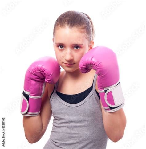 Portrait Of Pretty Kick Boxing Girl With Pink Gloves Stock Photo