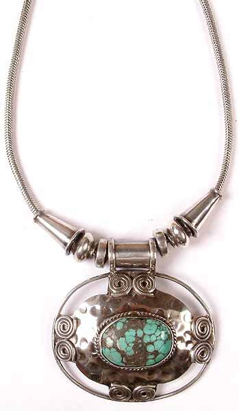Sterling Necklace With Spider Web Turquoise Pendant Exotic India Art