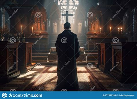 Christian Priest Standing By The Altar Ai Generated Stock Illustration