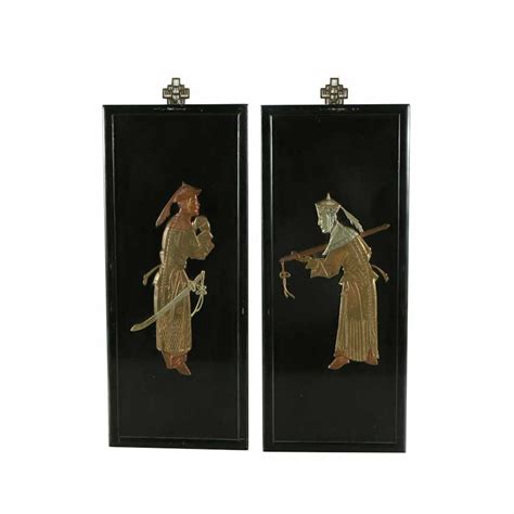 Chinese Decorative Wall Plaques With Brass Figures Ebth