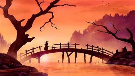 Vector Wallpaper Samurai Bridge Painting Art Sunset River