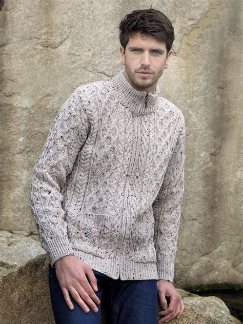 Mens Wool Cardigan Full Zip Aran Sweater Irish Merino Wool Two Front