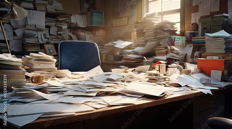 Messy Office Desk And Table With Piles Of Files And Disorganized