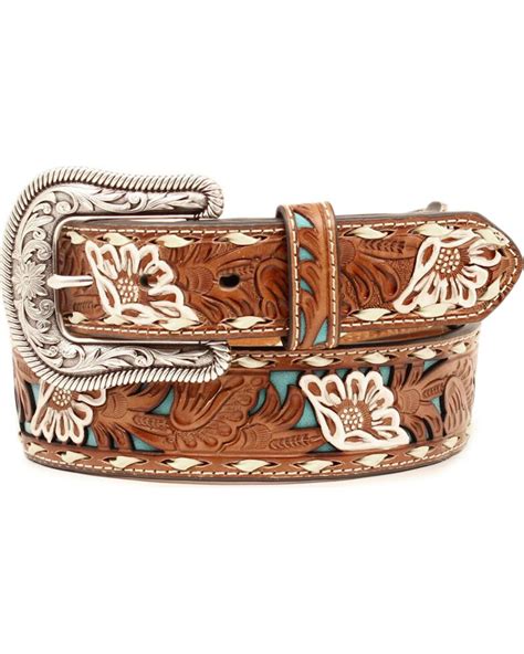 Nocona Womens Brown Floral Tooled Overlay Leather Belt Tan Western Style Outfits Cowgirl