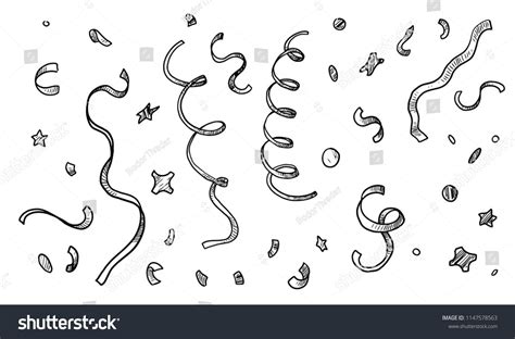 Confetti And Ribbon Illustration Drawing Engraving Ink Line Art