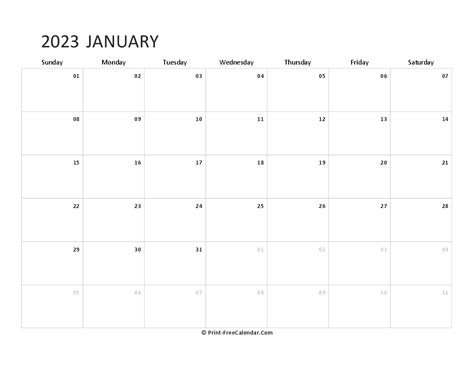 Editable January Calendar 2023 Landscape Layout