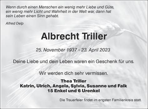 Traueranzeigen Von Albrecht Triller Märkische Onlinezeitung Trauerportal