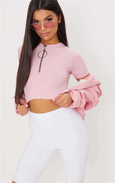 Baby Pink Rib Ring Pull Crop Top Tops Prettylittlething