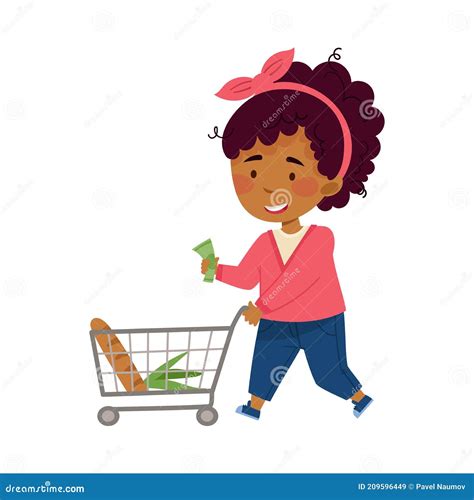 Cute Girl Pushing Shopping Cart Making Purchases Vector Illustration