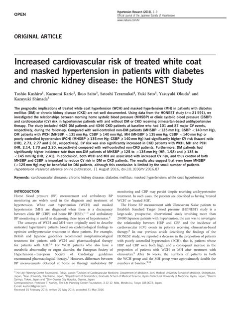 Pdf Increased Cardiovascular Risk Of Treated White Coat And Masked