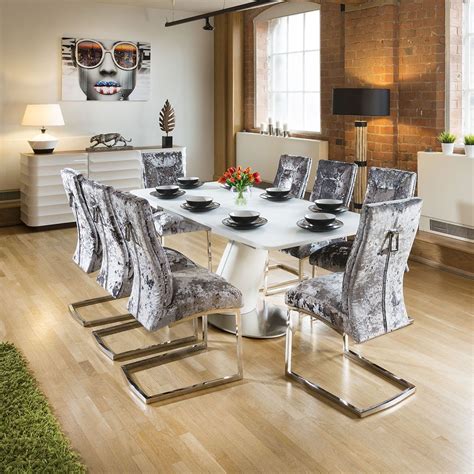 White Glass Top Extending Dining Table 6 Silver Crushed Velvet Chairs Extendable Dining Table