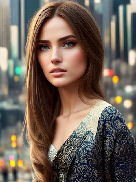 Premium Ai Image A Woman With Long Brown Hair And Blue Eyes Stands In