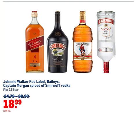 Johnnie Walker Red Label Baileys Captain Morgan Spiced Of Smirnoff Vodka Aanbieding Bij Makro