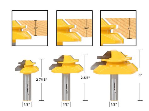 Set Of 3 Lock Miter 45 Degree Glue Joint Router Bits 15334 Yonico Router Bit Tools