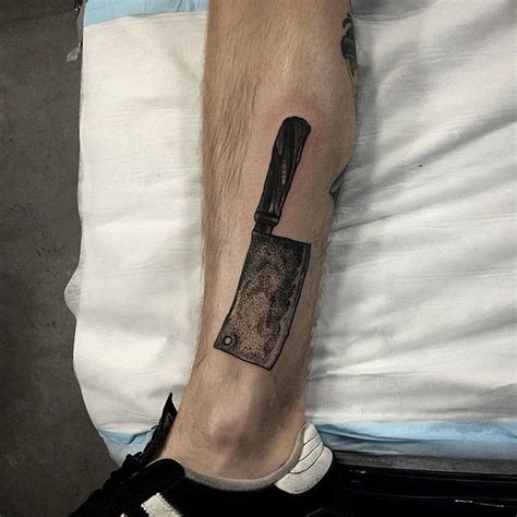 Steve butcher is recognized for his realism and detailed tattoo style. Black, white, grey butcher knife blade tattoo design, detailed horror gothic vintage leg design ...