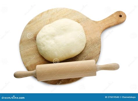 Fresh Yeast Dough And Wooden Rolling Pin Isolated On White Top View