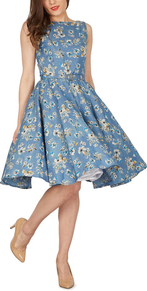 Blue Floral Audrey Vintage 50 S Rockabilly Swing Prom Dress Uk Size 8 Ebay