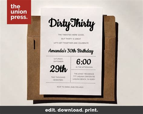 Dirty Thirty Invitation 30th Birthday Invitation Template Etsy