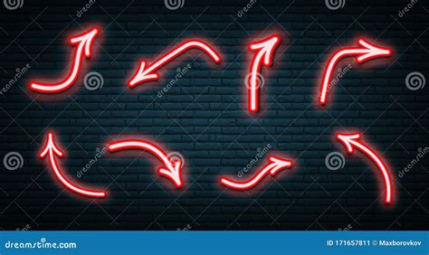 Set Of Red Neon Arrows Glowing On Dark Brick Wall Background Cartoon