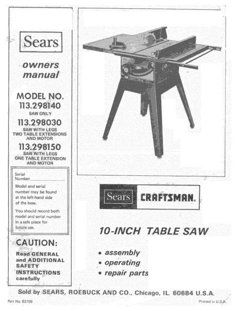 Craftsman Table Saw 113 Manual Manual For Craftsman Model 113 298240