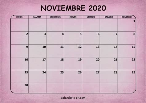 Plantilla Noviembre 2020 Rosa Noviembre Calendario Noviembre
