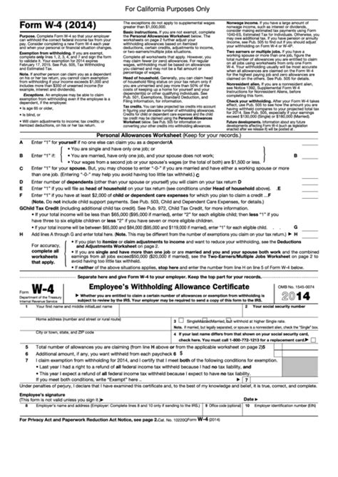 Form W 4 2014 California Employees Withholding Allowance