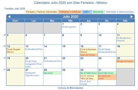 Calendario Julio 2020 Con Festivos Mexico