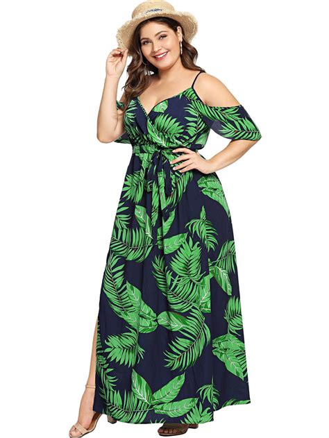 milumia women s plus size cold shoulder floral slit hem tropical summer maxi dress beachwear